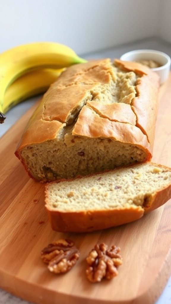 A loaf of banana bread sliced on a cutting board, with ripe bananas and walnuts in the background.